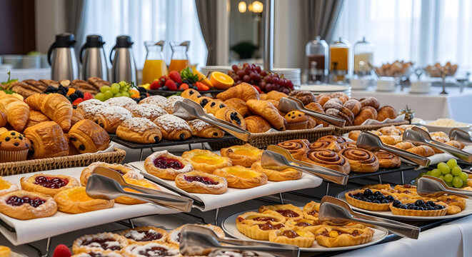 Lavish breakfast buffet spread in a hotel restaurant. Assortment of fresh baked pastries, croissants, fruit tarts, and juices on a catering table. Morning meal and hospitality concept