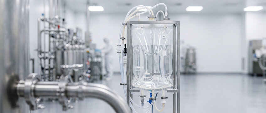 Sterile biopharmaceutical production line with single-use liquid bag and stainless steel equipment in cleanroom