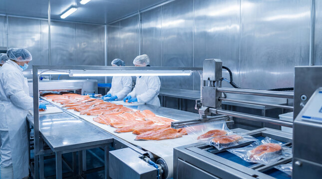 Salmon processing plant workers packaging fillets on automated conveyor line in food factory