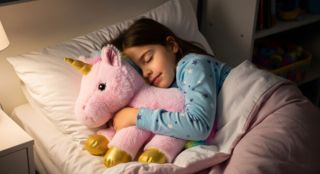 Young girl sleeping in bed hugging a large pink plush unicorn toy. Child wearing blue star pajamas resting in a cozy bedroom illuminated by a warm night lamp