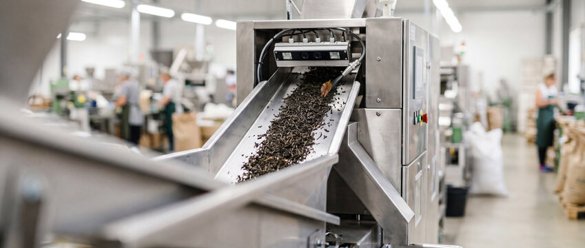 Tea processing factory conveyor belt with workers sorting dried tea leaves in industrial production facility