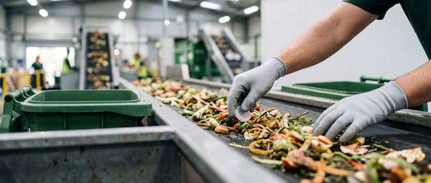 Worker sorting food waste on conveyor belt at industrial composting and recycling facility