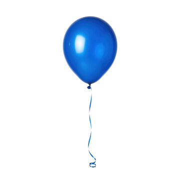 Single vibrant cobalt-blue helium balloon with a glossy smooth surface and a thin curling ribbon centered against a solid white studio background, cheerful mood