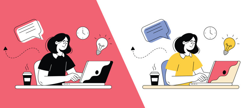 Woman working on laptop with thought bubble and idea lightbulb