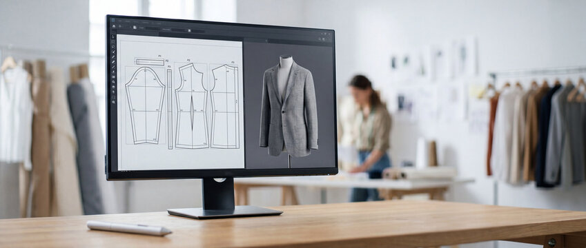 Fashion design workspace with digital pattern making on monitor in tailoring studio