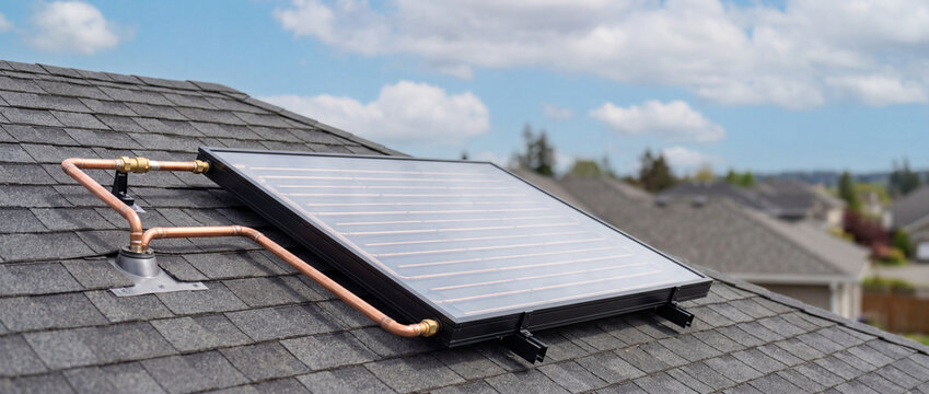 Residential rooftop solar thermal panel with copper piping on shingled roof under blue sky