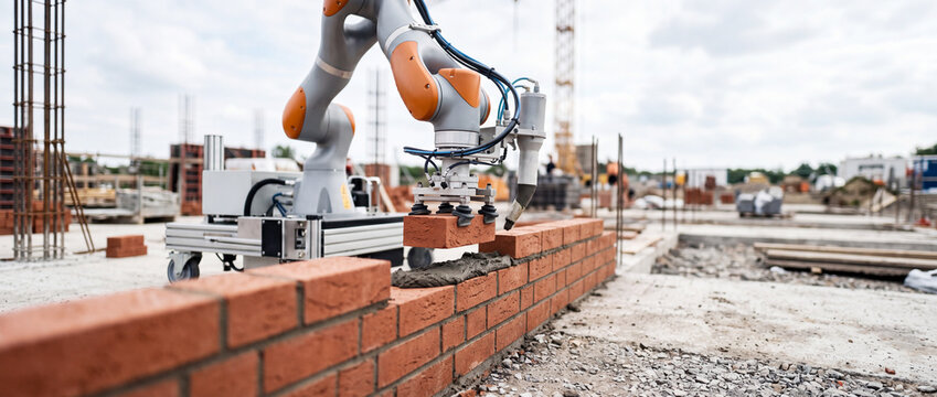Robotic arm laying bricks on construction site automated masonry and construction automation technology
