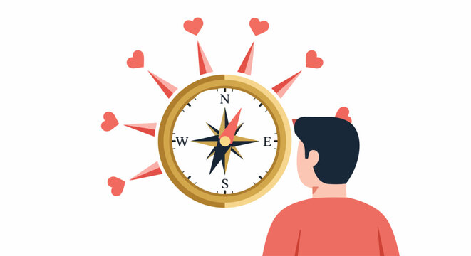 Conceptual Illustration of a Love Compass with Heart Arrows - Man Navigating Emotions and Life Directions