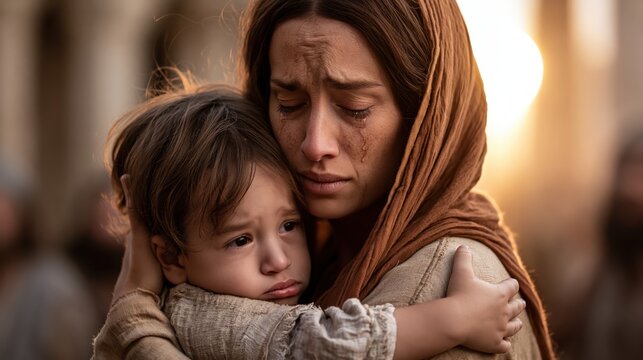Hannah holding young Samuel in her arms after God answered her prayer in the temple courtyard.