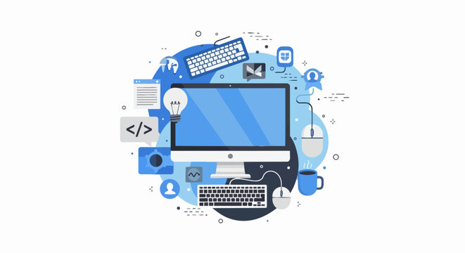 Modern Technology and Software Development Flat Vector Illustration featuring Computer, Code, and Office Icons on White Background