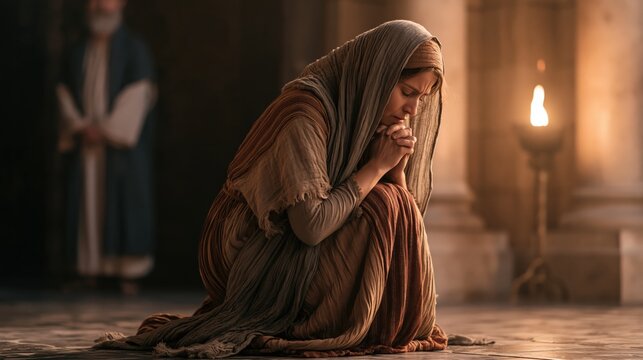 Hannah kneeling in the tabernacle in silent prayer for a child as Eli watches from a distance.