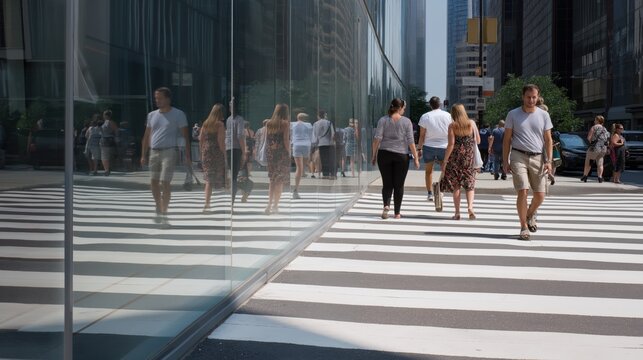 People crossing a busy city street while their reflections in surrounding glass buildings move in the opposite direction, creating a surreal visual metaphor about individuality, conformity.