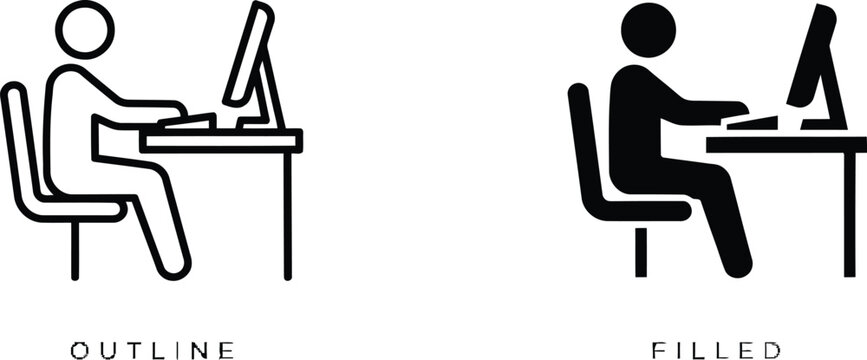 Person Working At Computer With Outline And Filled Style Icons
