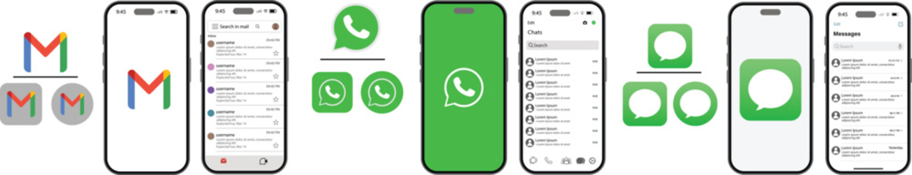 Smartphone mockup with mobile messaging and email apps user  WhatsApp, and iMessage screens and vector icons. messaging and email applications, including Gmail, WhatsApp,
