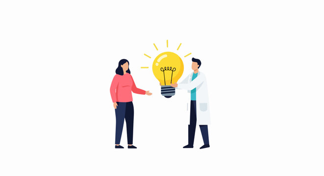 Expert Scientist Giving a Large Glowing Light Bulb to a Woman, Innovation and Creative Solution Sharing Concept
