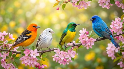 Obraz premium Two cute cartoon birds in love perched on a green branch, enjoying the spring breeze