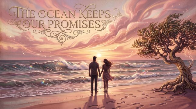 Romantic couple holding hands on Aruba beach at sunset, facing waves next to a fofoti tree with vintage typography text The Ocean Keeps Our Promises