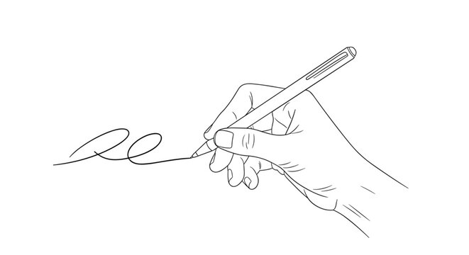 Fine line drawing of a human hand holding a pen and signing a business document with a smooth loopy signature style.