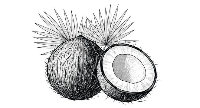 Detailed hand drawn engraving style illustration of a whole coconut and a cut half coconut with tropical palm leaves.