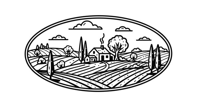 Rustic rural countryside farm landscape with cozy farmhouse and cypress trees framed in an oval border line art vector.