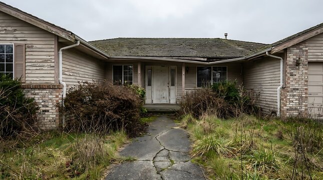 A dilapidated fixer upper house with an overgrown front yard and cracked concrete walkway showing significant exterior neglect and structural damage