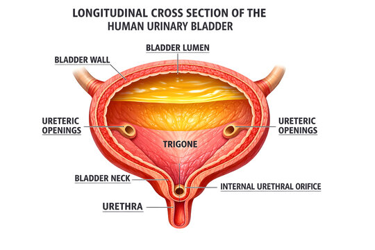 Human Urinary Bladder Anatomy Medical Illustration with Ureter, Urethra and Bladder Structure Labels

