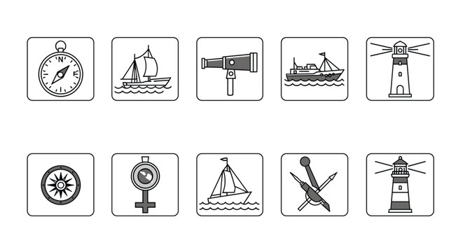 Collection of nautical icons featuring a compass, ships, telescope, lighthouse, and sailing tools set inside rounded square frames.