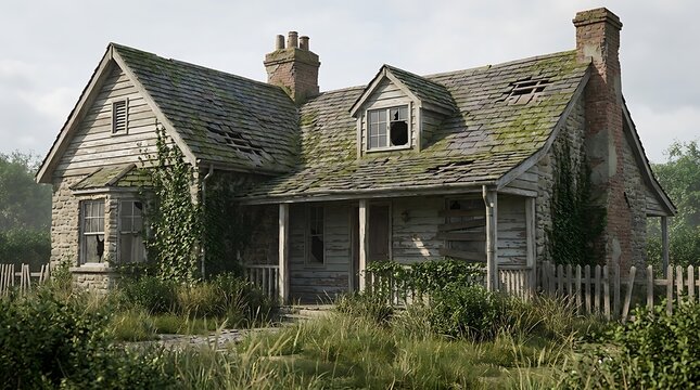 An old abandoned fixer upper house with overgrown grass and crumbling stone exterior in a rustic countryside setting perfect for real estate renovation