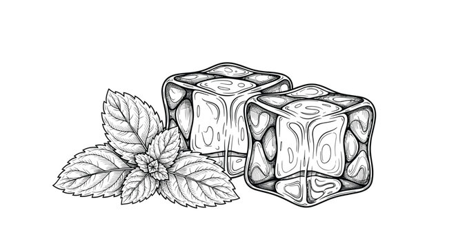 Highly detailed engraving style illustration of two realistic ice cubes resting next to fresh mint leaves on a white background.