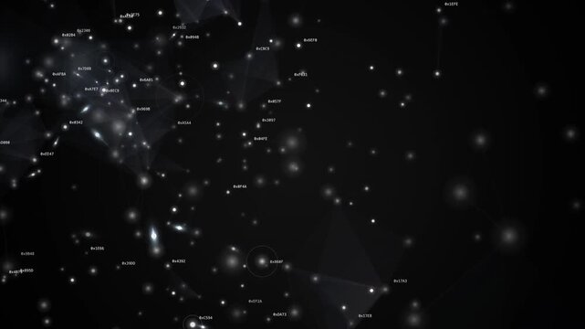 Monochrome particle network motion on black abstract background