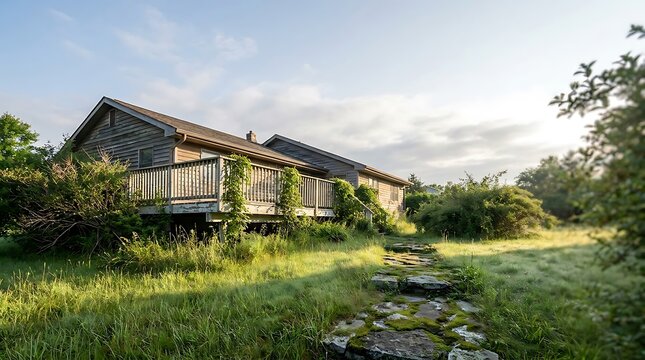 A rustic fixer upper house with a weathered wooden exterior and an overgrown lawn featuring a charming stone path leading to a backyard wooden deck.