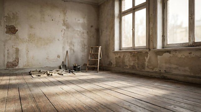 A sunlit fixer upper house room featuring weathered wooden flooring, peeling plaster walls, a small wooden ladder, and scattered home renovation tools