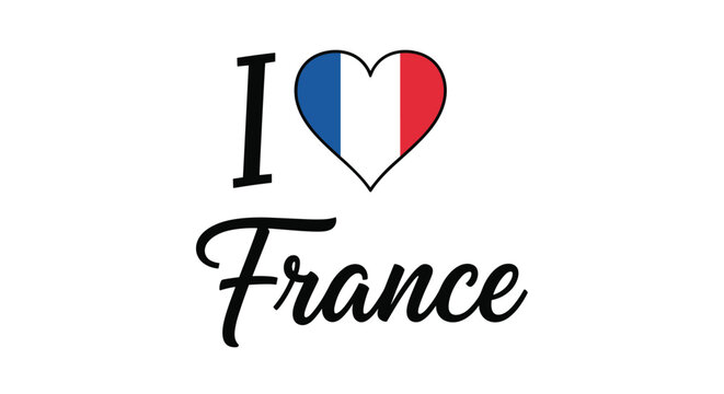 I Love France typographic design with a hand drawn heart filled with the colors of the French national flag on a white background.