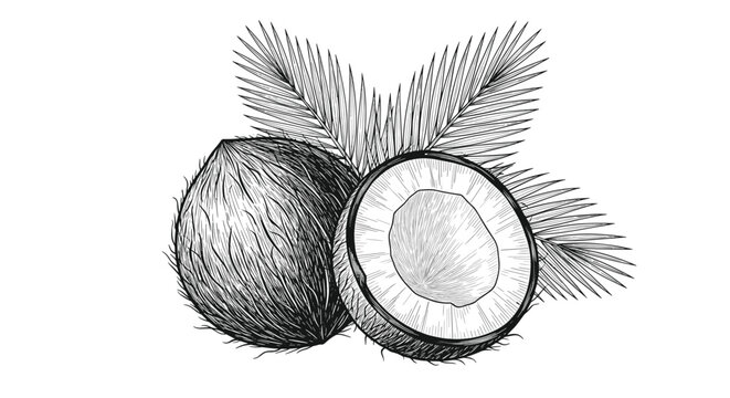 Exquisite vintage style engraving illustration of a whole coconut and a half coconut with green palm leaves in the background.