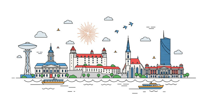 Detailed architectural line art illustration of the Bratislava city skyline with historic castle, church, and modern bridge.