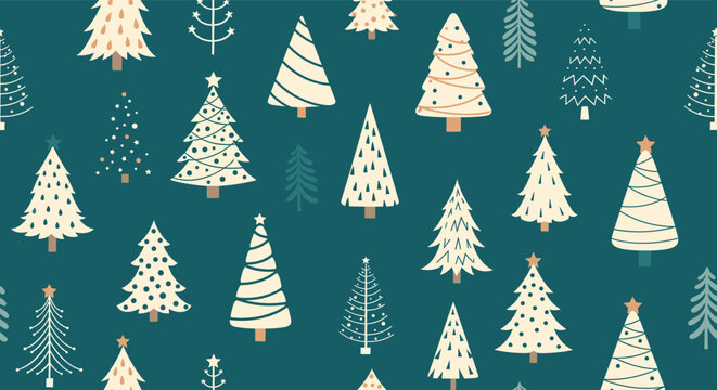 Festive seamless pattern with various stylized pine and Christmas trees of different designs on a dark green background.