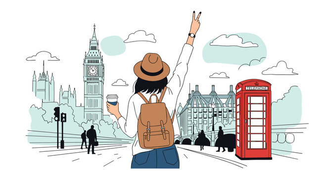 Back view of young female tourist holding coffee and showing peace gesture with Big Ben and red telephone booth in London.