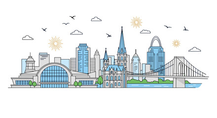 Obraz premium Modern panoramic city skyline illustration featuring skyscraper buildings, a suspension bridge, and a blue cathedral.