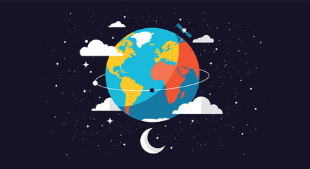 Fototapeta premium Flat vector illustration of planet Earth in dark starry space with the moon, a satellite, and white clouds.