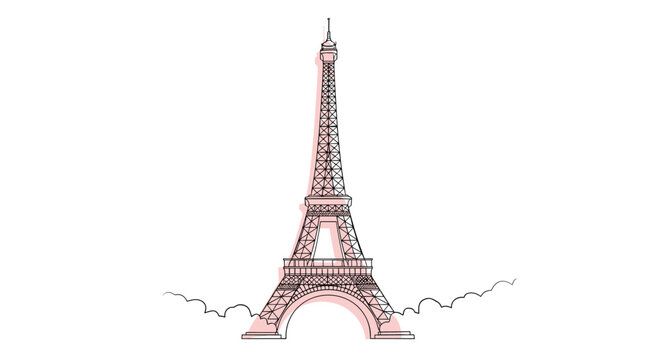 Elegant continuous line drawing of the Eiffel Tower in Paris featuring a soft pink accent and minimalist cloud outlines.