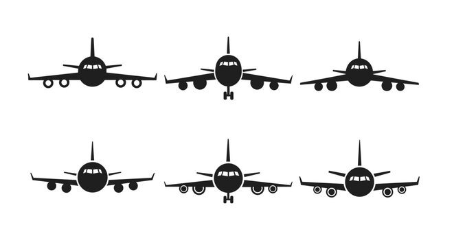 Passenger airplane icons set in front view showing different configurations of jet engines and landing gear.