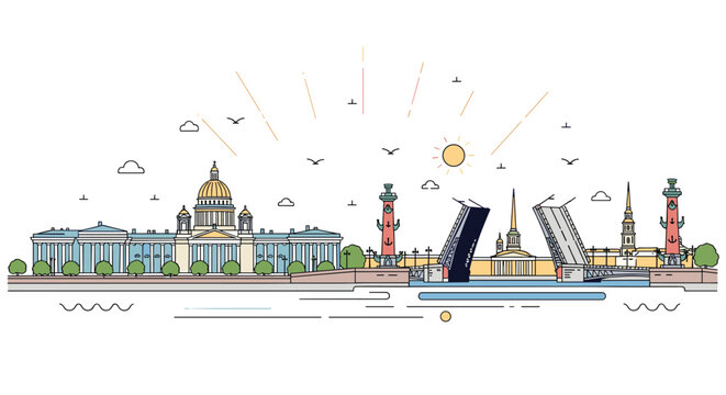Saint Petersburg skyline vector illustration featuring St Isaacs Cathedral, the Palace Bridge, and historical landmarks.