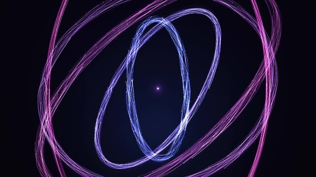 Glowing orbital light rings circling a core on dark background