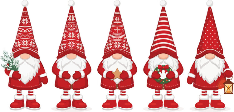 Five festive christmas gnomes wearing red patterned hats in a vector graphic illustration on transparent background