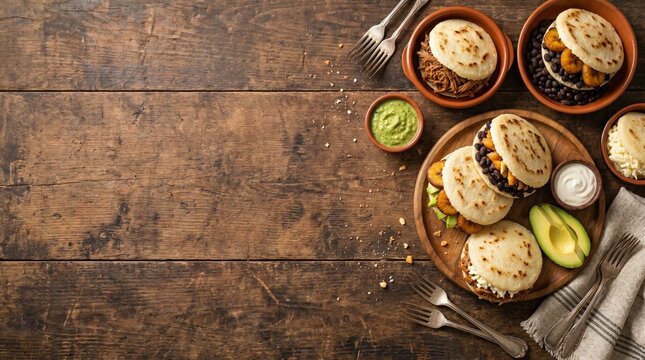 Stuffed Cornmeal Cake Arepa Selection with Shredded Beef, Avocado, and Cheese - Flat Lay