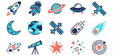 Space and astronomy vector icon set with rocket astronaut planets and satellites. © LAILA