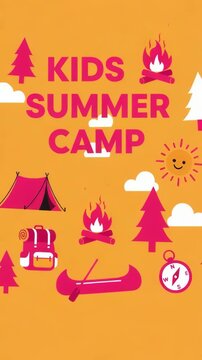 Animated kids summer camp poster with camping icons and smiling sun in bright orange background, sliding triptych panels