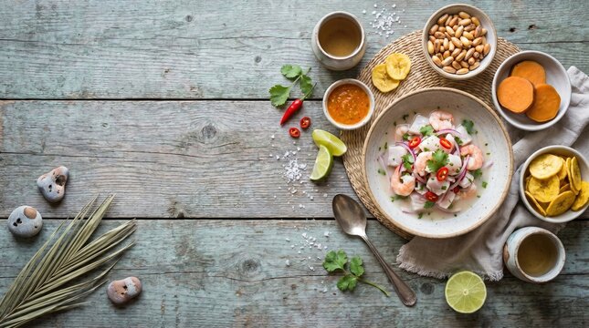 Fresh Seafood Ceviche with Red Onion, Cilantro, Plantain Chips, and Lime - Flat Lay