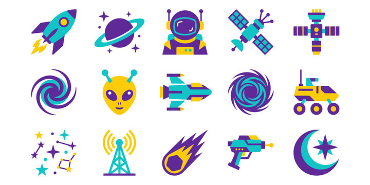 Space and astronomy flat vector icons set with rocket planet astronaut alien spaceship and rover.