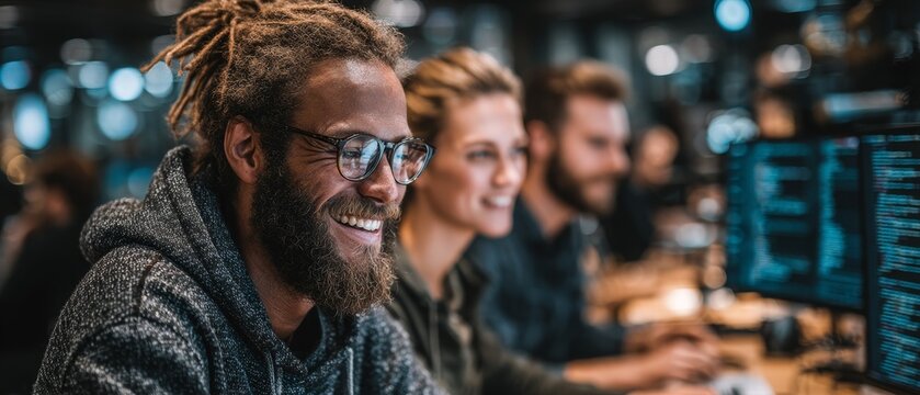A smiling diverse team collaborates on code with a blurred office background, highlighting professional joy and teamwork.